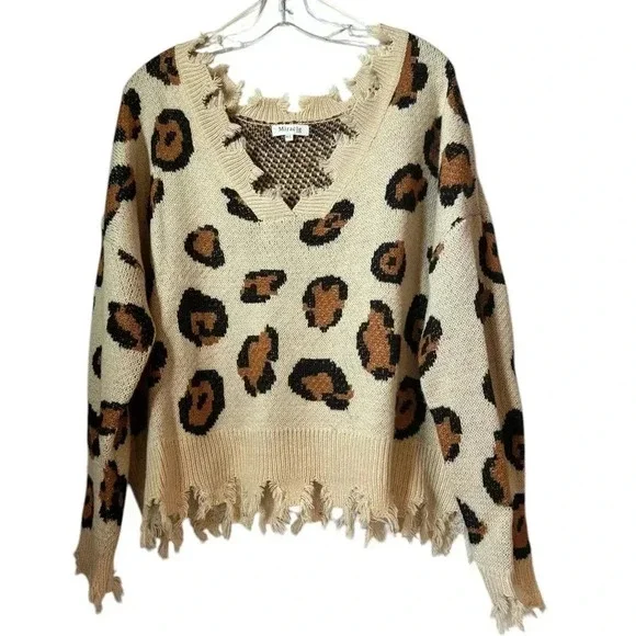 Miracle U.S.A Cream Leopard Print V-Neck Sweater - Picture 1 of 4
